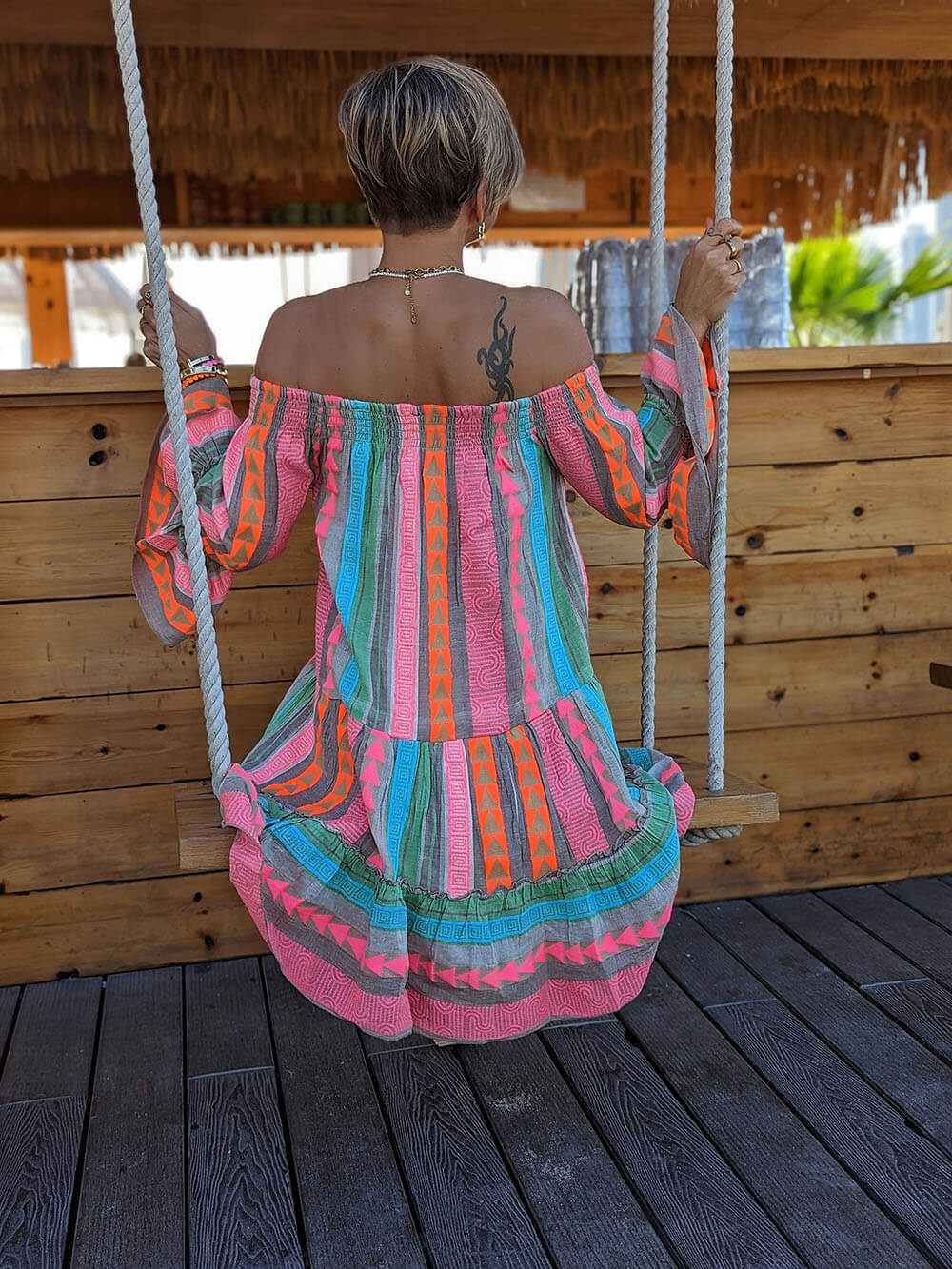 Ethnic Print Linen Blend Off Shoulder Loose Mini Dress | Women's Mini Dress | Casual Party Fashion Dress UK