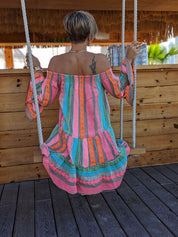 Ethnic Print Linen Blend Off Shoulder Loose Mini Dress | Women's Mini Dress | Casual Party Fashion Dress UK