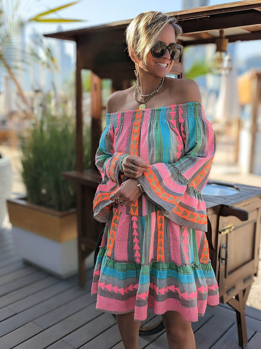 Ethnic Print Linen Blend Off Shoulder Loose Mini Dress | Women's Mini Dress | Casual Party Fashion Dress UK