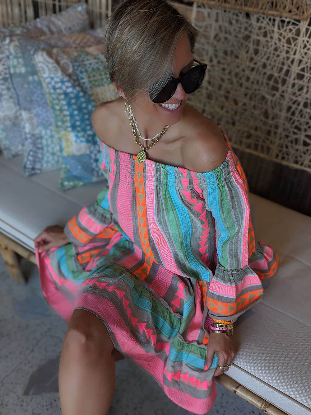 Ethnic Print Linen Blend Off Shoulder Loose Mini Dress | Women's Mini Dress | Casual Party Fashion Dress UK