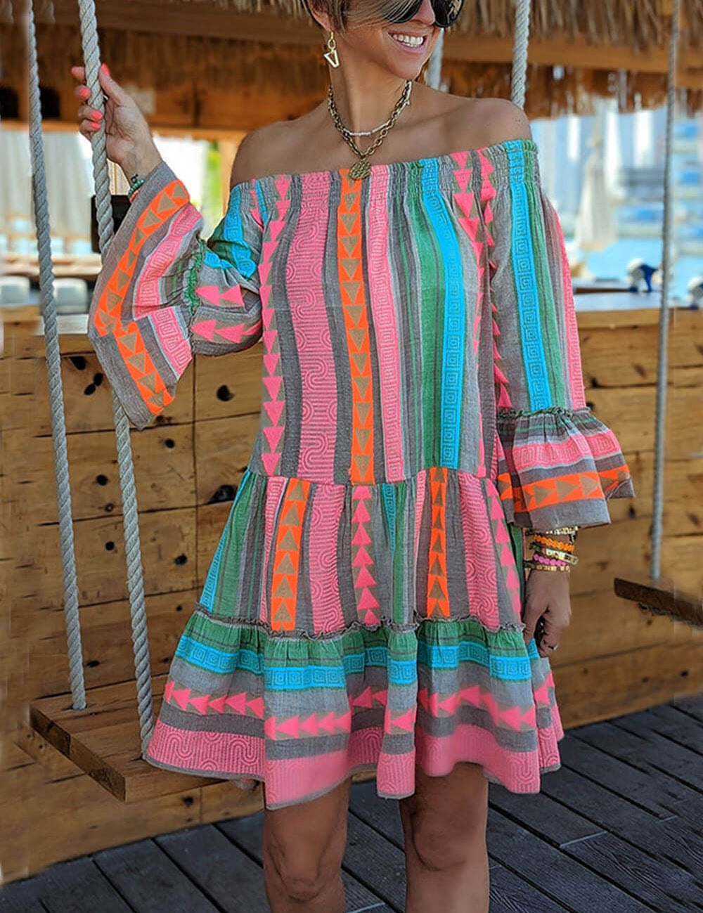 Ethnic Print Linen Blend Off Shoulder Loose Mini Dress | Women's Mini Dress | Casual Party Fashion Dress UK