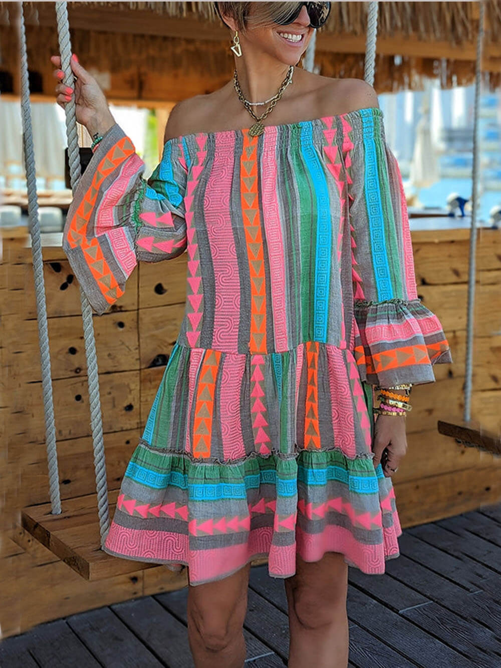 Ethnic Print Linen Blend Off Shoulder Loose Mini Dress | Women's Mini Dress | Casual Party Fashion Dress UK