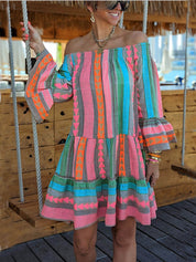 Ethnic Print Linen Blend Off Shoulder Loose Mini Dress | Women's Mini Dress | Casual Party Fashion Dress UK
