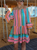 Ethnic Print Linen Blend Off Shoulder Loose Mini Dress | Women's Mini Dress | Casual Party Fashion Dress UK