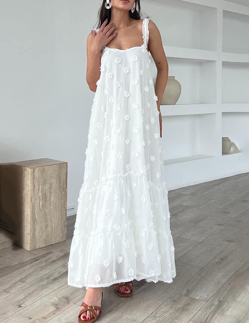 Flower Decor Pretty A-Line Layered Loose Maxi Dress | Women's Elegant Maxi Dress | Summer Holiday Long Dress UK