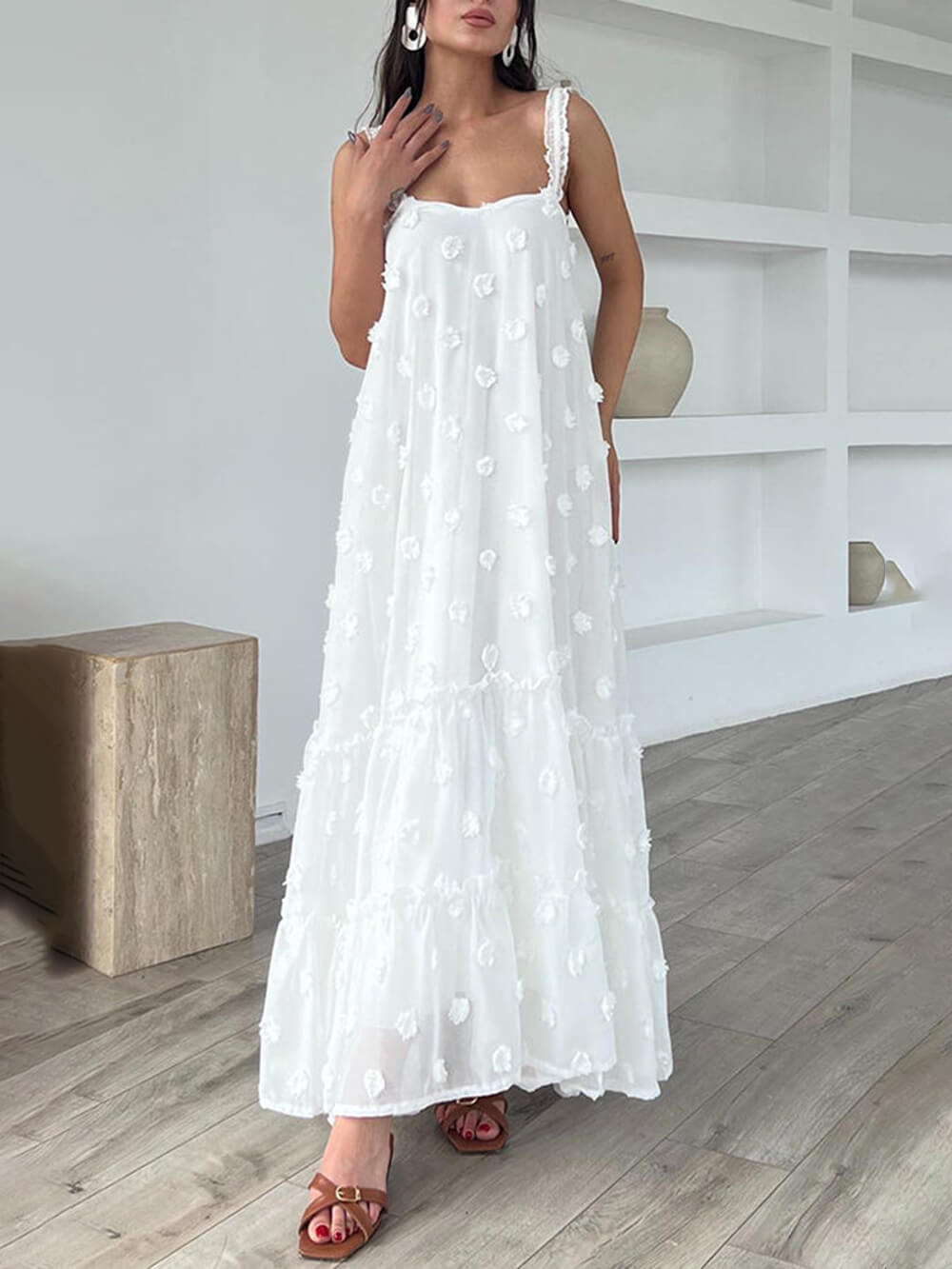 Flower Decor Pretty A-Line Layered Loose Maxi Dress | Women's Elegant Maxi Dress | Summer Holiday Long Dress UK