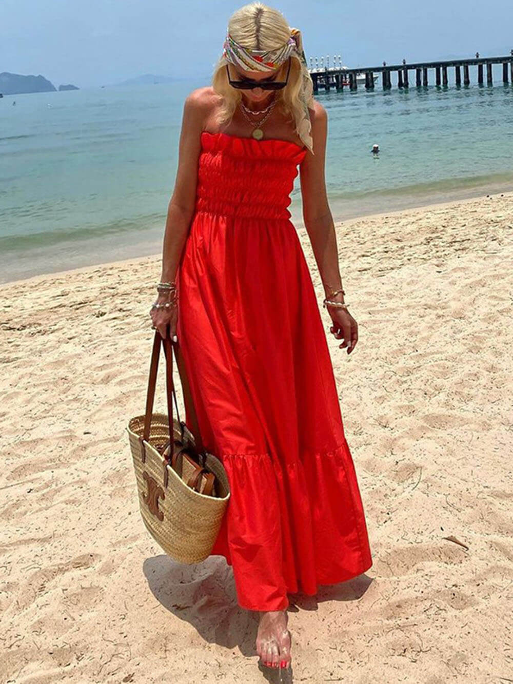 Off Shoulder Smocked Bust Vacation Maxi Dress | Women's Off-Shoulder Maxi Dress | Elegant Summer Holiday Dress UK