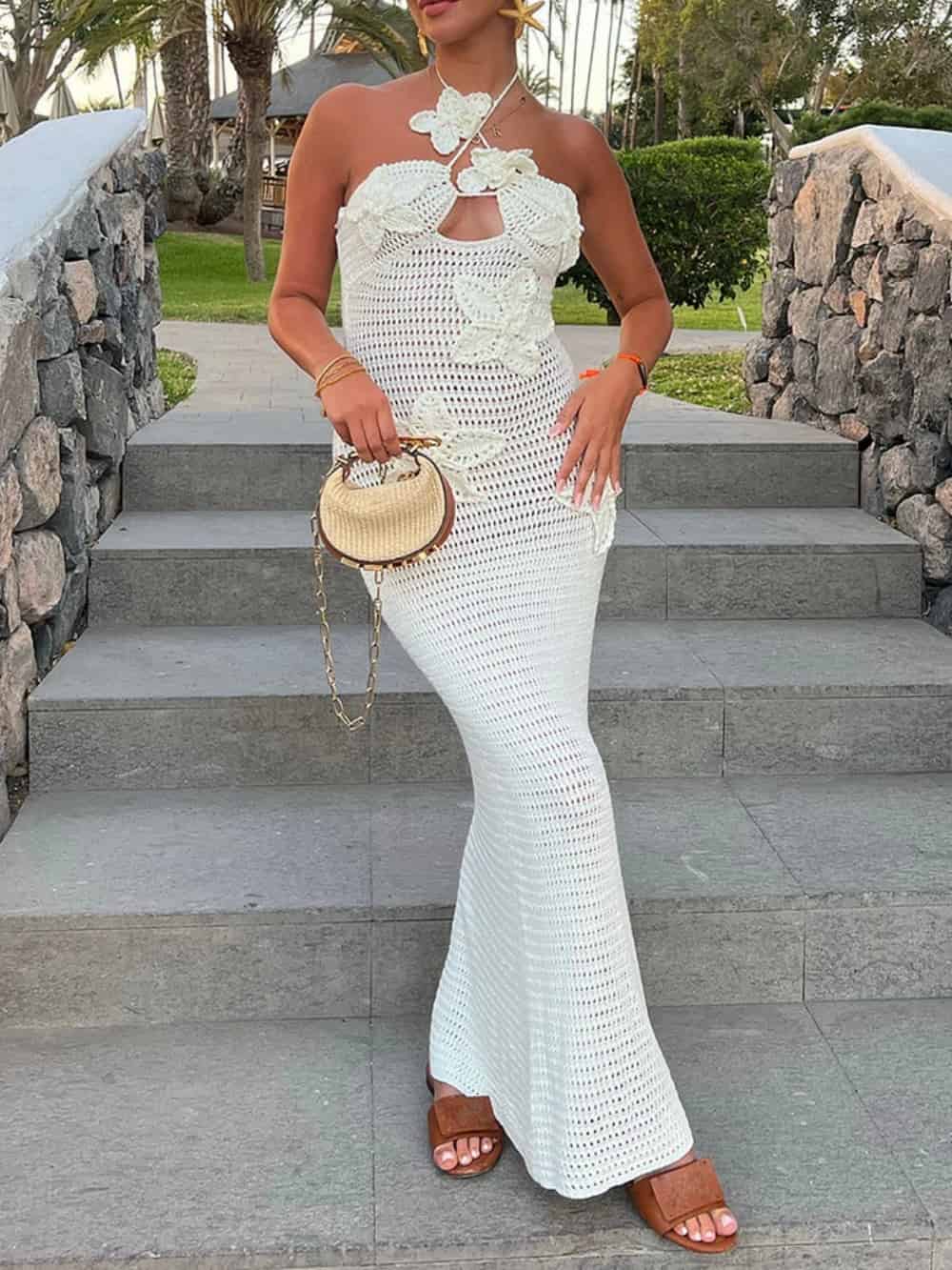 3D Flower Decor Halter Neck Bodycon Crochet Maxi Dresses | Women's Halter Neck Maxi Dress | Summer Holiday Long Dress UK