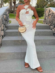 3D Flower Decor Halter Neck Bodycon Crochet Maxi Dresses | Women's Halter Neck Maxi Dress | Summer Holiday Long Dress UK