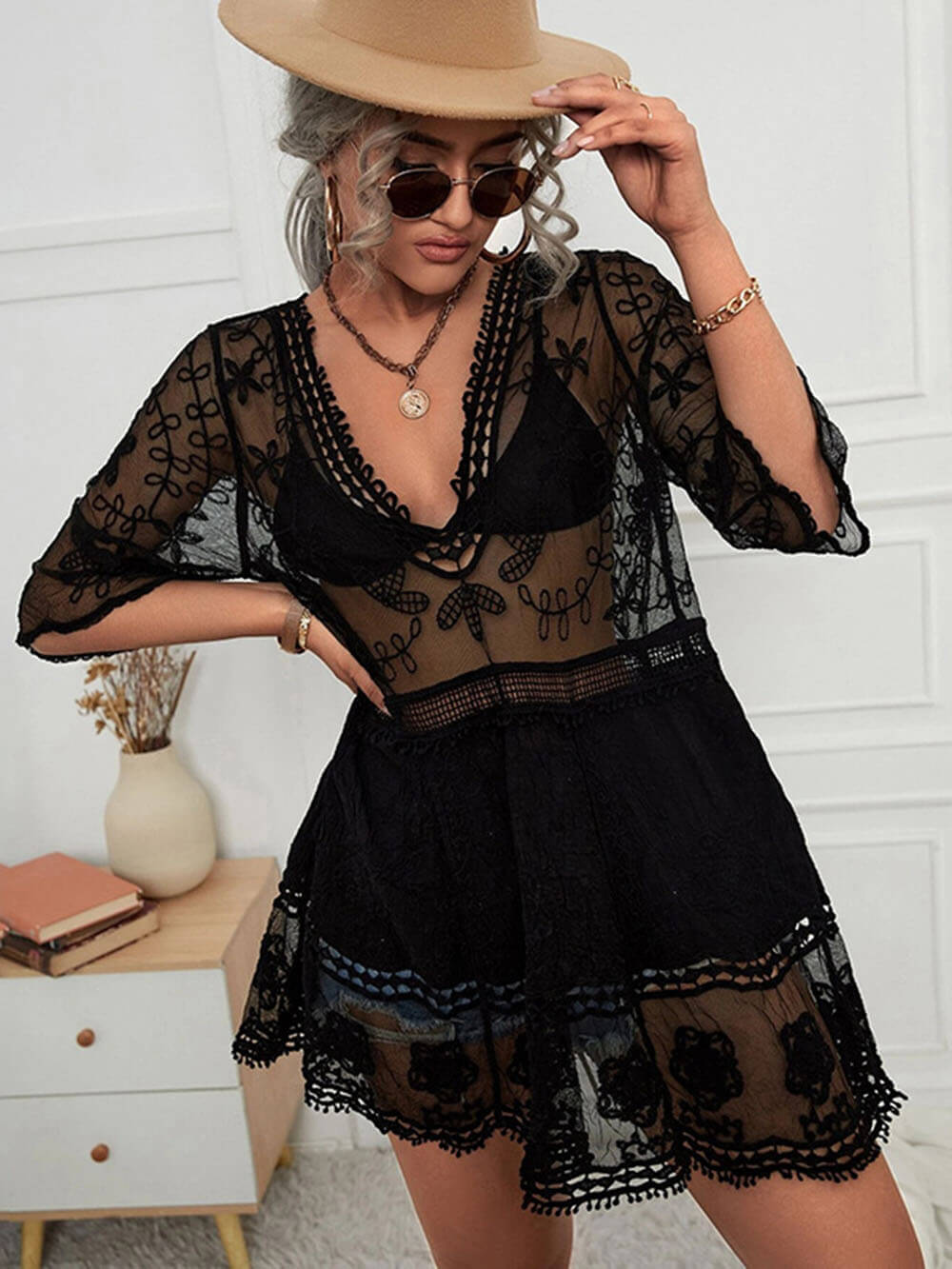 Loose Lace Beach Vacation Bikini Cover-Up Dress | Women's Beach Bikini Cover-Up | Crochet Knit Swimwear UK