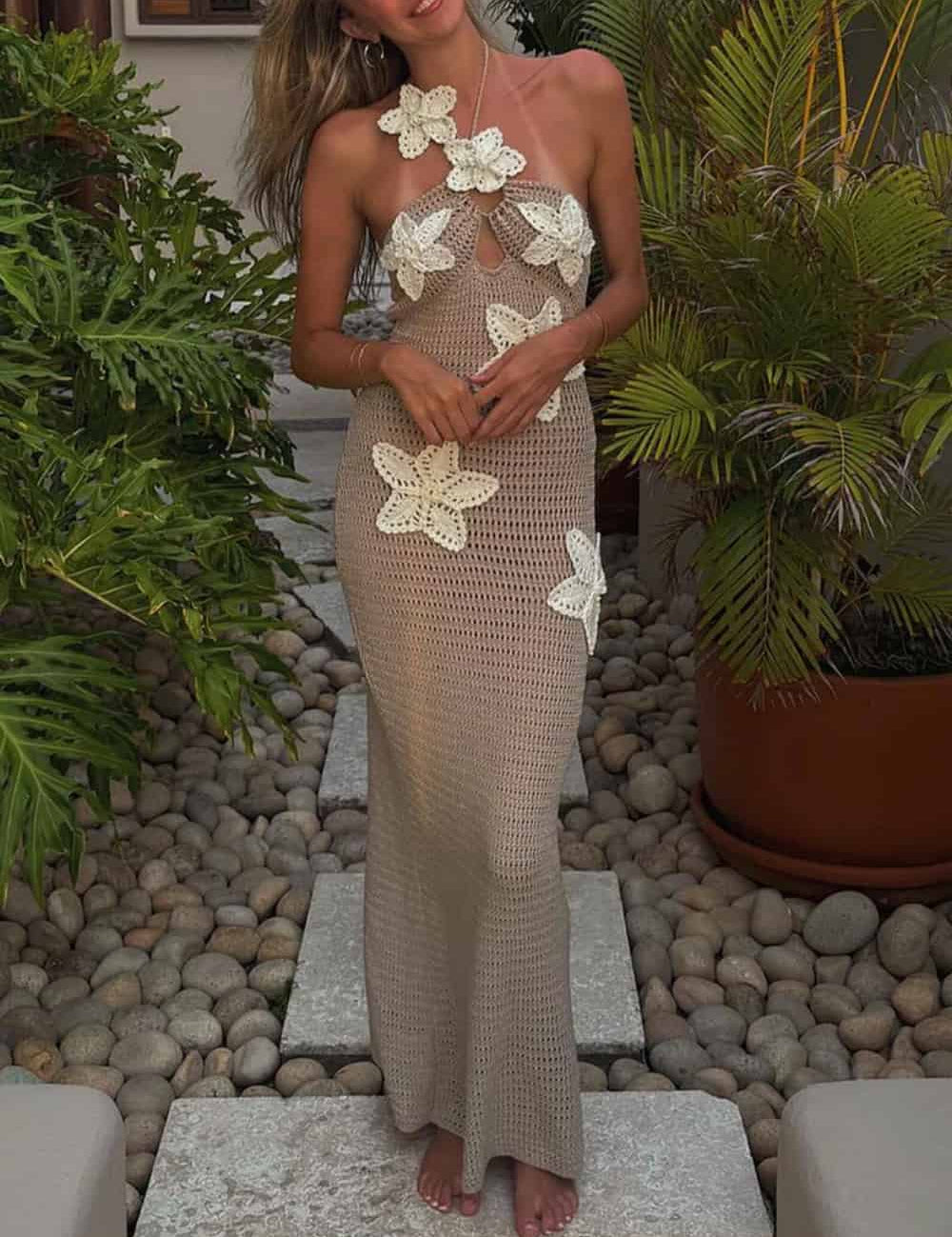 3D Flower Decor Halter Neck Bodycon Crochet Maxi Dresses | Women's Halter Neck Maxi Dress | Summer Holiday Long Dress UK