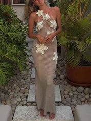 3D Flower Decor Halter Neck Bodycon Crochet Maxi Dresses | Women's Halter Neck Maxi Dress | Summer Holiday Long Dress UK