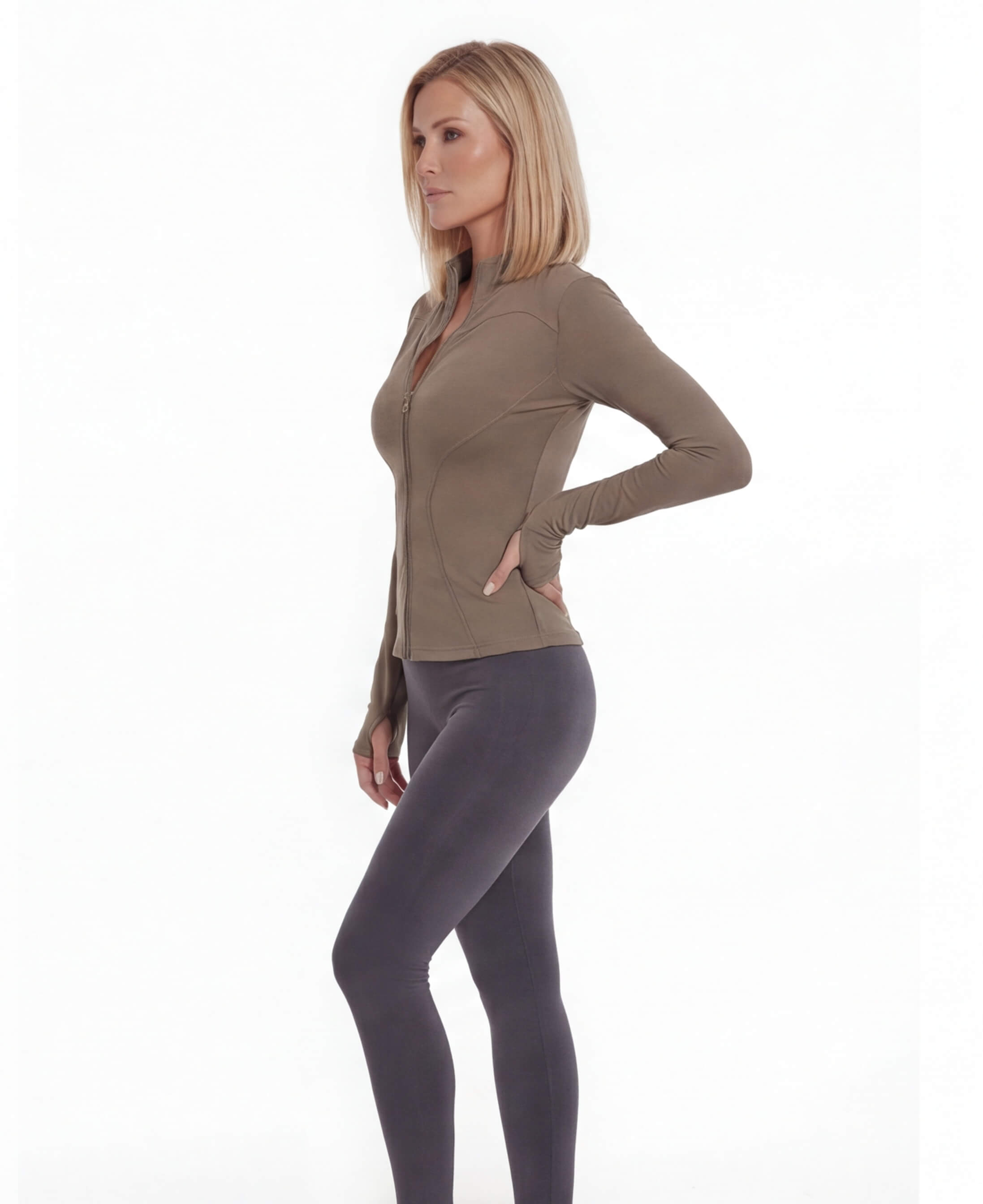 Full-Zip Training Jacket with Thumb Holes | Jacket | Women Fitted Coffee