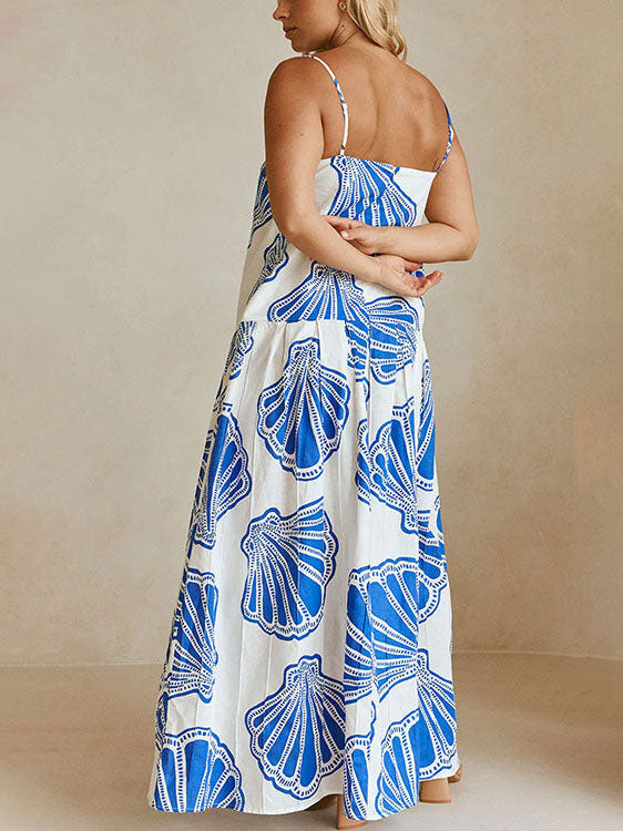 Holiday Casual Ocean Shell Print Sling Maxi Dress | Women's Printed Maxi Dress | Summer Holiday Long Dress UK