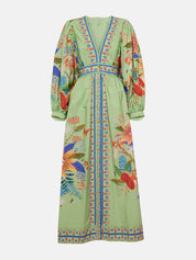 Delicate Floral V-Neck Single Breasted Midi Dress | Women's Floral Print Midi Dress | Feminine Boho Dress UK