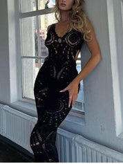 Beach Hollow V-neck Slim Sexy Midi Dress | Women's Classic Midi Dress | Elegant Everyday Dress UK