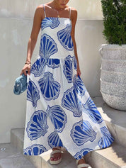 Holiday Casual Ocean Shell Print Sling Maxi Dress | Women's Printed Maxi Dress | Summer Holiday Long Dress UK