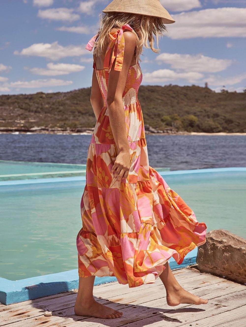 Sleeveless Sea Charm Pleated Stretch Chest Print Cami Dress | Women's Fashion Dress | Elegant Casual Everyday Dress UK