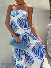 Holiday Casual Ocean Shell Print Sling Maxi Dress | Women's Printed Maxi Dress | Summer Holiday Long Dress UK