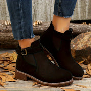 Women's Napped Buckle Strap Chelsea Boots – Lug Sole Block Heel | Casual Ankle Boots | Black Grey Brown Taupe | UK 3–12