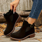 Women's Napped Buckle Strap Chelsea Boots – Lug Sole Block Heel | Casual Ankle Boots | Black Grey Brown Taupe | UK 3–12