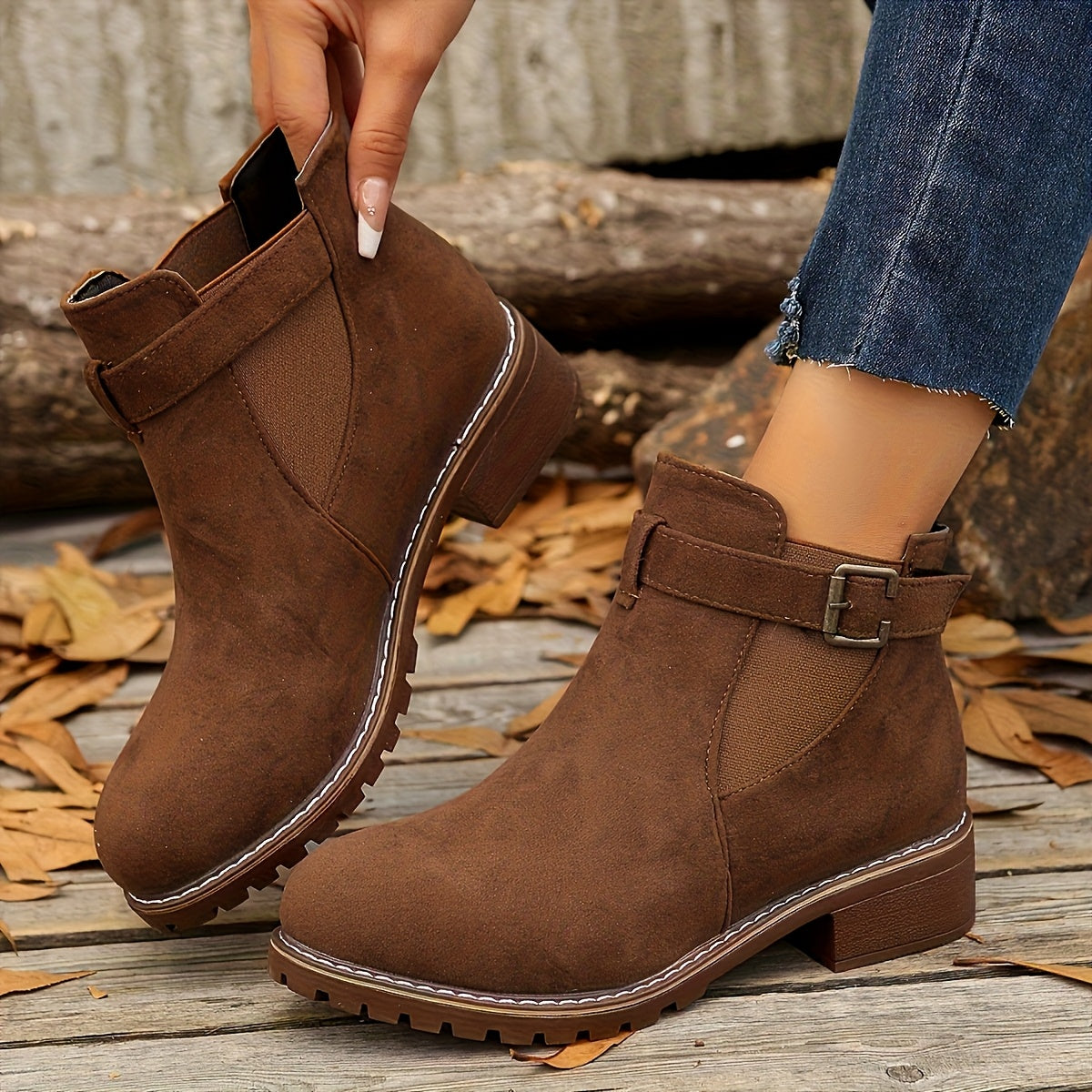 Women's Napped Buckle Strap Chelsea Boots – Lug Sole Block Heel | Casual Ankle Boots | Black Grey Brown Taupe | UK 3–12