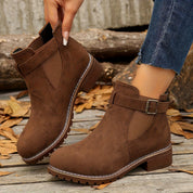 Women's Napped Buckle Strap Chelsea Boots – Lug Sole Block Heel | Casual Ankle Boots | Black Grey Brown Taupe | UK 3–12