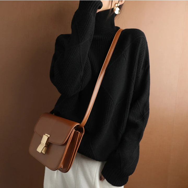 Women's Oversized Diamond-Knit Turtleneck Sweater – Ribbed Dropped-Shoulder Pullover | Winter Knitwear | 5 Colours | S–2XL