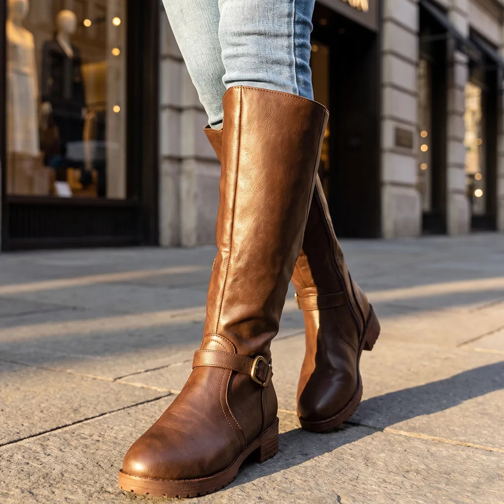 Adaline Leather Riding Boots Buckle Strap Side Zip Lug Sole | Women's Knee-High Boots