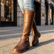 Adaline Leather Riding Boots Buckle Strap Side Zip Lug Sole | Women's Knee-High Boots