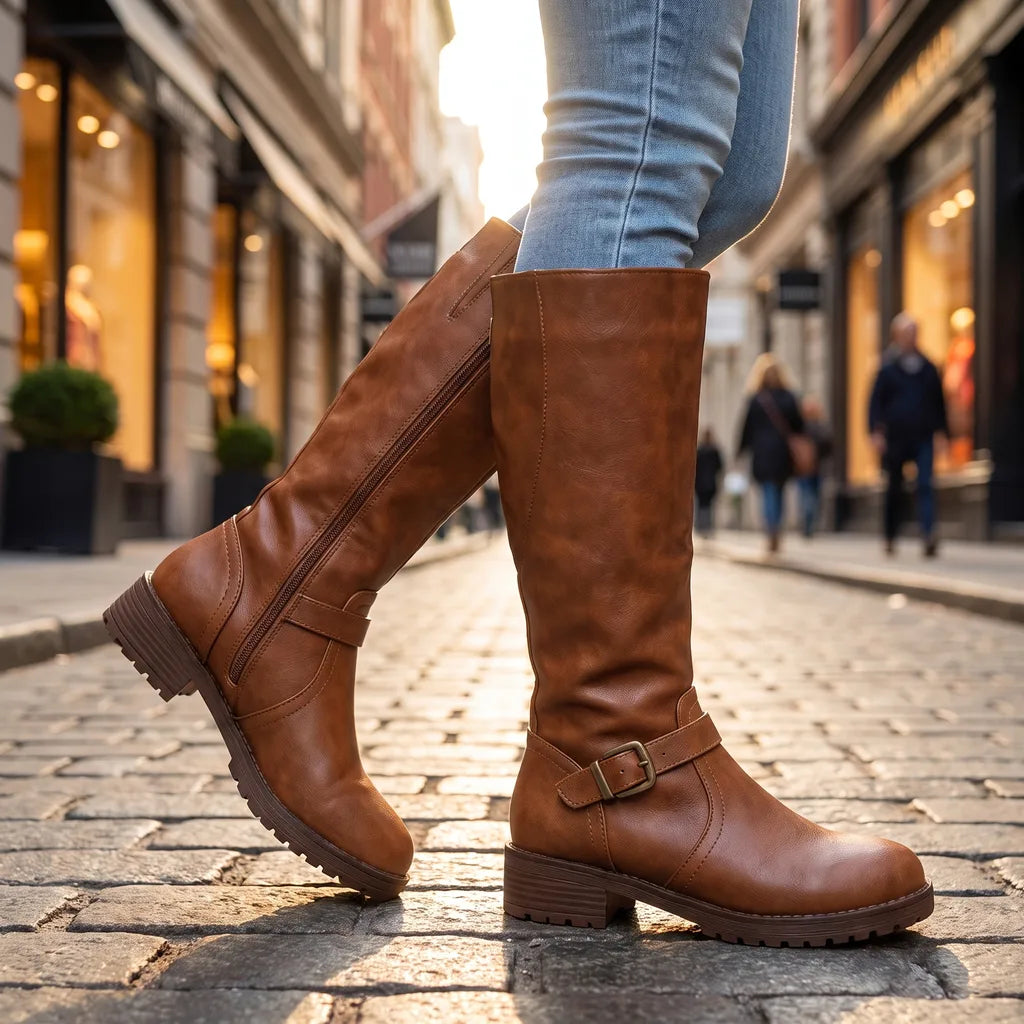Adaline Leather Riding Boots Buckle Strap Side Zip Lug Sole | Women's Knee-High Boots
