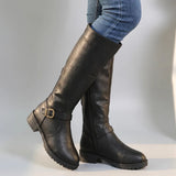 Adaline Leather Riding Boots Buckle Strap Side Zip Lug Sole | Women's Knee-High Boots