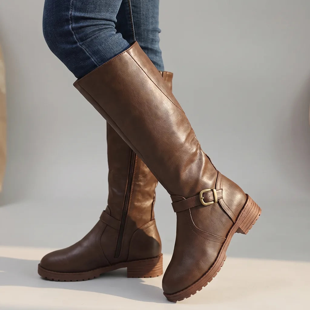 Adaline Leather Riding Boots Buckle Strap Side Zip Lug Sole | Women's Knee-High Boots