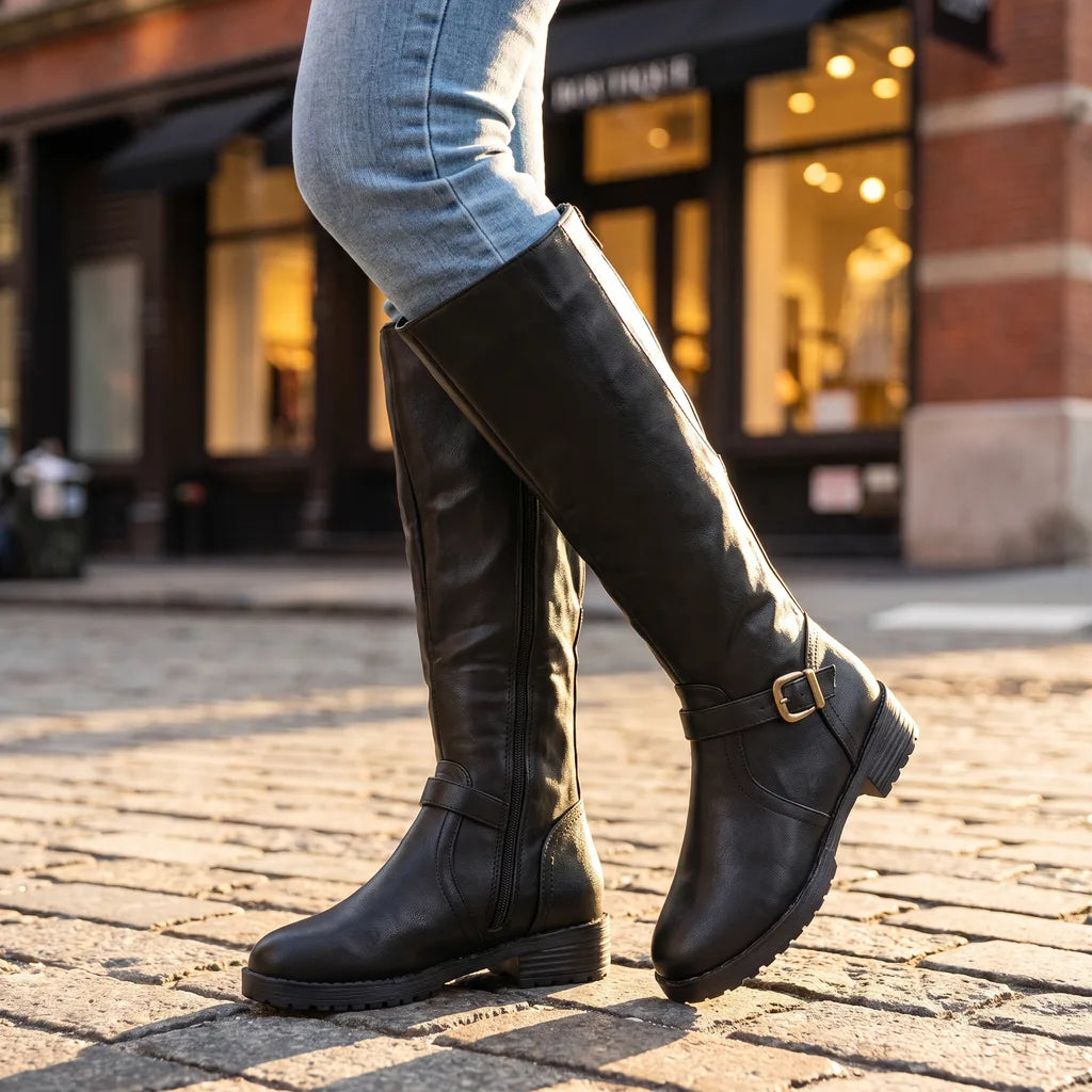 Adaline Leather Riding Boots Buckle Strap Side Zip Lug Sole | Women's Knee-High Boots