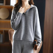 Women's Ribbed Knit Collared Sweater – V-Neck Relaxed Fit Casual Pullover | Beige Grey Black | XS–2XL