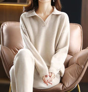 Women's Ribbed Knit Collared Sweater – V-Neck Relaxed Fit Casual Pullover | Beige Grey Black | XS–2XL