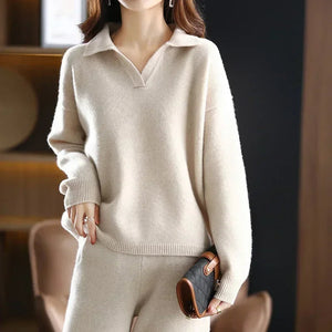 Women's Ribbed Knit Collared Sweater – V-Neck Relaxed Fit Casual Pullover | Beige Grey Black | XS–2XL