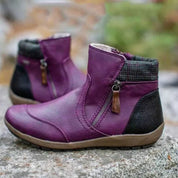 Women's Waterproof Leather Ankle Boots – Plaid Collar Cushioned Footwear | Green Black Brown Lilac Red | UK 3–8.5