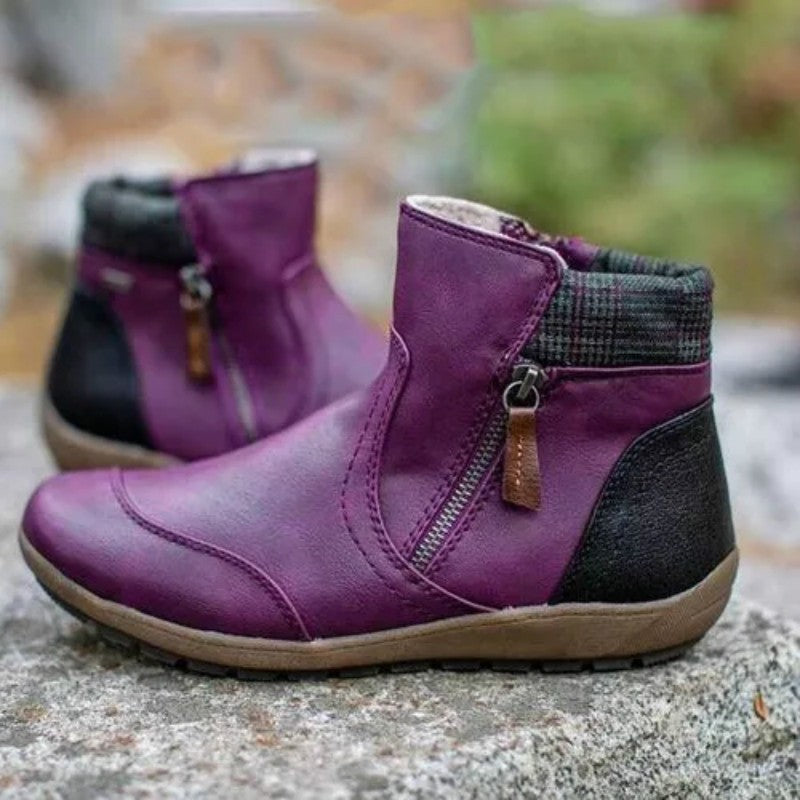 Women's Waterproof Leather Ankle Boots – Plaid Collar Cushioned Footwear | Green Black Brown Lilac Red | UK 3–8.5