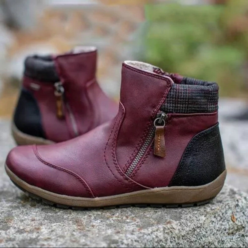 Women's Waterproof Leather Ankle Boots – Plaid Collar Cushioned Footwear | Green Black Brown Lilac Red | UK 3–8.5