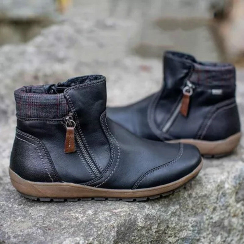 Women's Waterproof Leather Ankle Boots – Plaid Collar Cushioned Footwear | Green Black Brown Lilac Red | UK 3–8.5