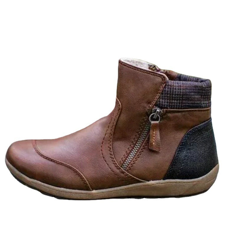 Women's Waterproof Leather Ankle Boots – Plaid Collar Cushioned Footwear | Green Black Brown Lilac Red | UK 3–8.5