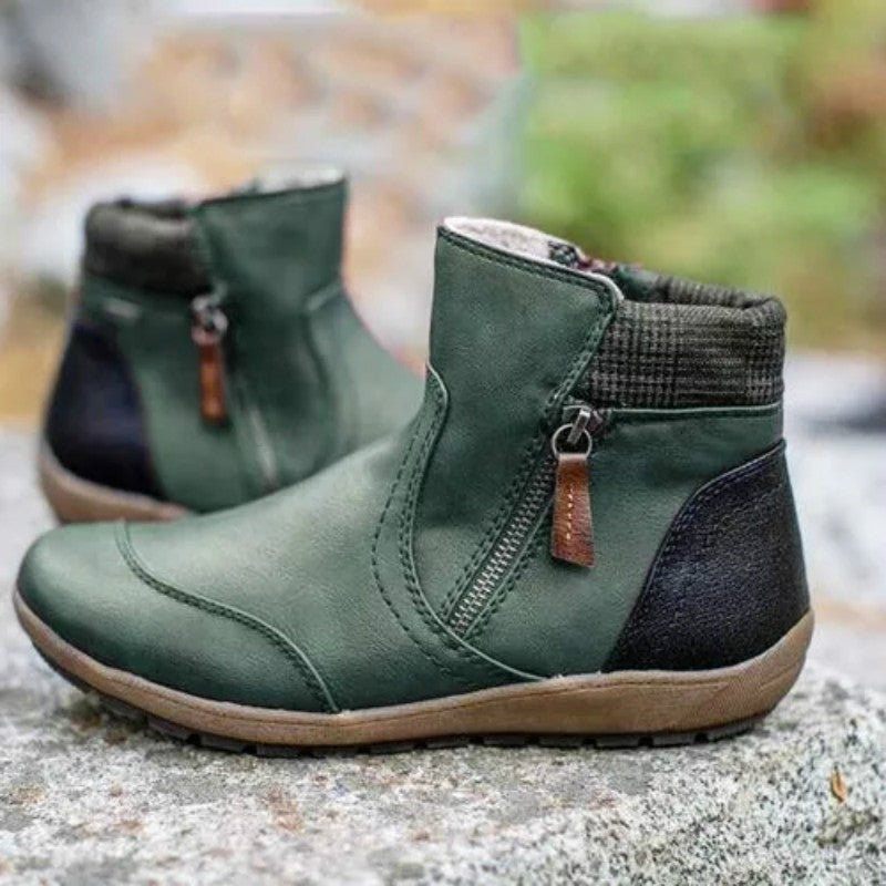 Women's Waterproof Leather Ankle Boots – Plaid Collar Cushioned Footwear | Green Black Brown Lilac Red | UK 3–8.5