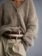 Women's Oversized Brushed Knit Cardigan – V-Neck Button-Front Relaxed Fit Sweater | Beige Grey White | XS–3XL