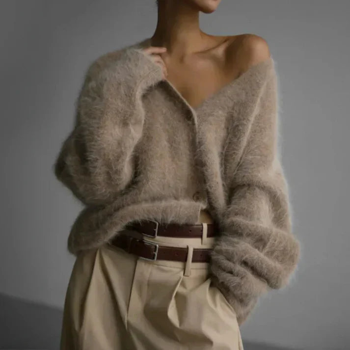 Women's Oversized Brushed Knit Cardigan – V-Neck Button-Front Relaxed Fit Sweater | Beige Grey White | XS–3XL