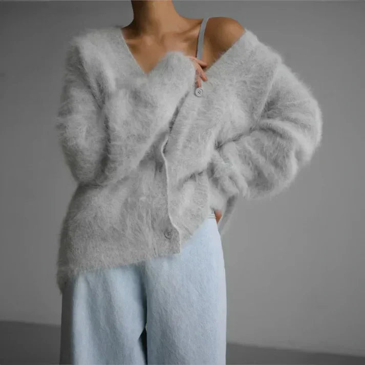Women's Oversized Brushed Knit Cardigan – V-Neck Button-Front Relaxed Fit Sweater | Beige Grey White | XS–3XL