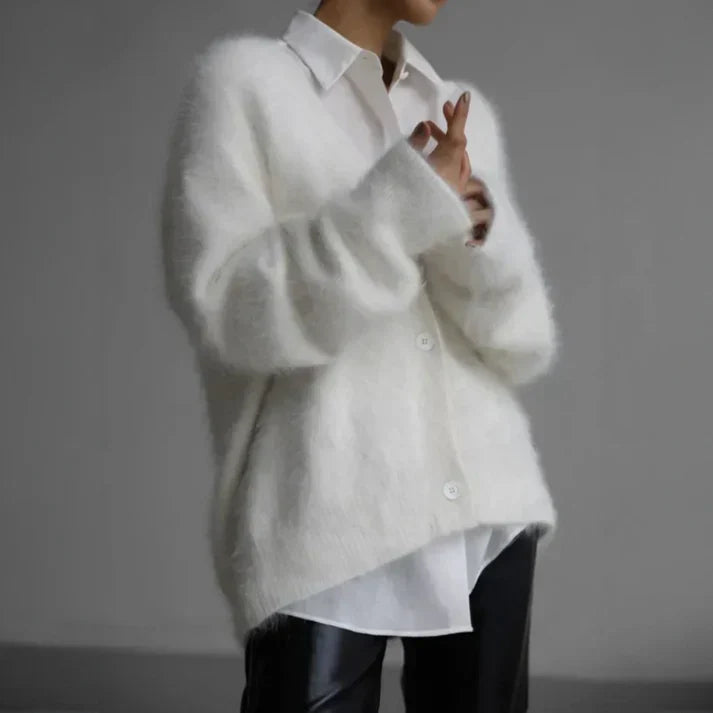 Women's Oversized Brushed Knit Cardigan – V-Neck Button-Front Relaxed Fit Sweater | Beige Grey White | XS–3XL