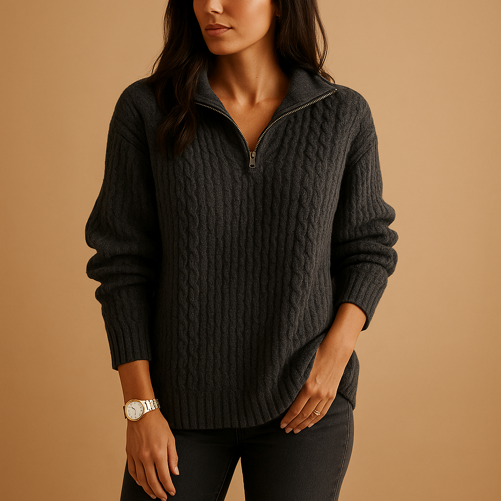 Adelina Brushed Rib Knit Sweater Women's Relaxed Half Zip Pullover Spread Collar Dropped Shoulder