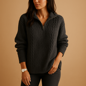 Adelina Brushed Rib Knit Sweater Women's Relaxed Half Zip Pullover Spread Collar Dropped Shoulder