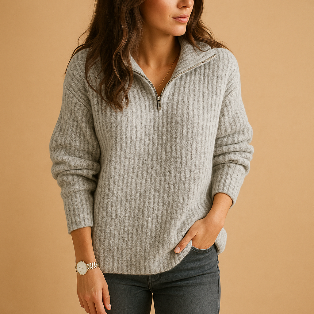 Adelina Brushed Rib Knit Sweater Women's Relaxed Half Zip Pullover Spread Collar Dropped Shoulder